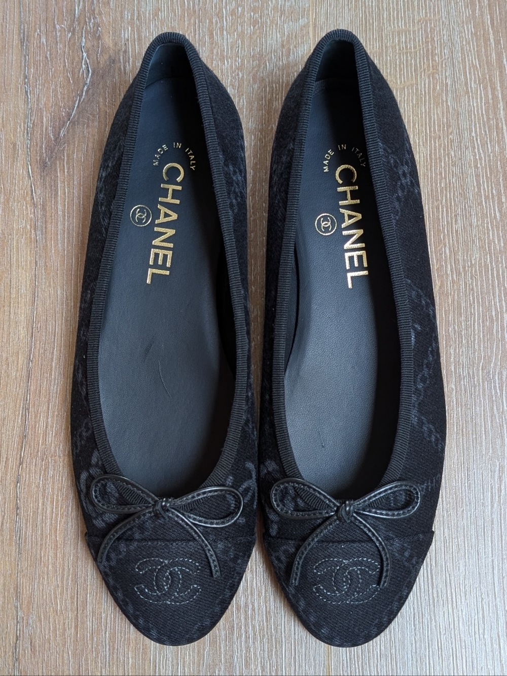 CHANEL Black Denim CC Bow Ballet Flats